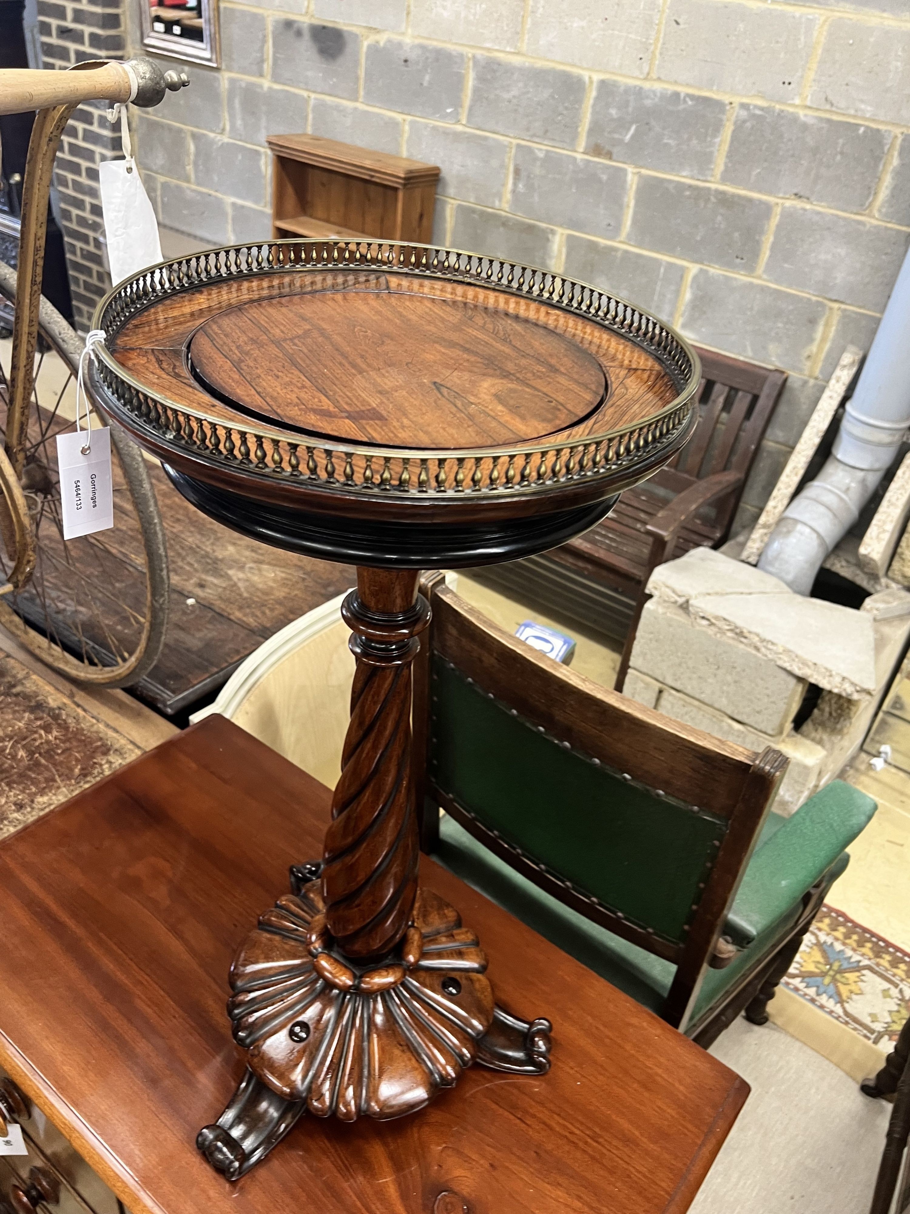 A William IV circular galleried rosewood jardiniere table, diameter 39cm height 79cm